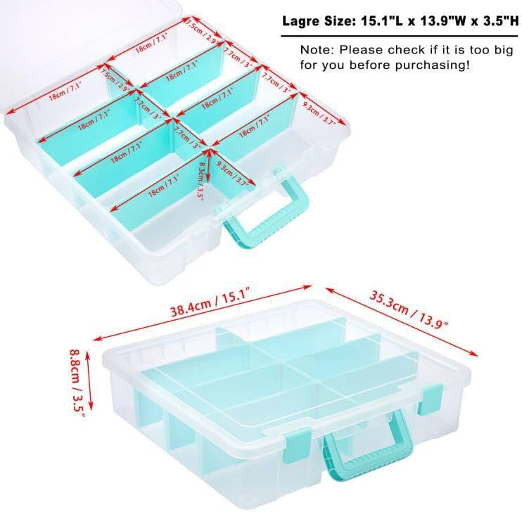 BTSKY Clear Plastic Dividing Storage Box with 8 Compartments Adjustable Storage Bin with Lid Portable Craft Storage Container Multipurpose Sewing Box Art Supply Organizer, 15.1x13.9x3.5 Inches - Image 3