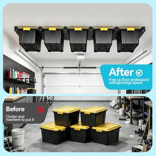 WooFog Ceiling Utility Bin Rails Storage Rack, Overhead Garage Storage Racks, Heavy Duty Hanging Storage Racks for Garage, Adjustable Width, Black (26in-6 Sets for 5 Bins) - Image 6