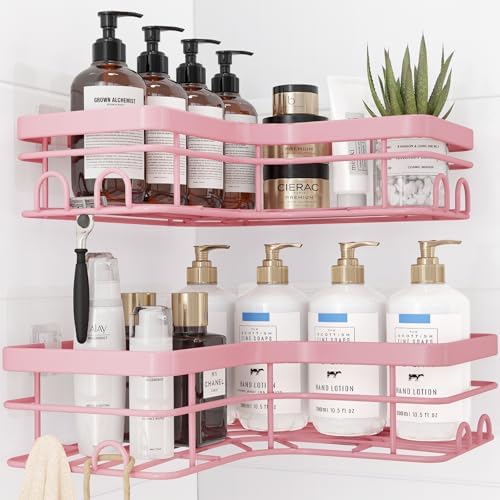 Sakugi Corner Shower Caddy - 2 Pack, Adhesive Shower Organizers, Rustproof Stainless Steel Shower Shelves with 8 Hooks, No Drilling Bathroom Organizers and Storage Racks, Space-Saving, Pink, X-Large by Sakugi