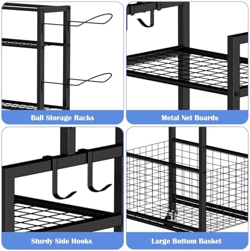 OYEAL Freestanding Ball Rack with Wheels Garage Basketball Storage Cart Outside Sports Equipment Organizer Ball Holder with Storage Baskets for Basketball, Soccer, Volleyball, Football, Black - Image 3