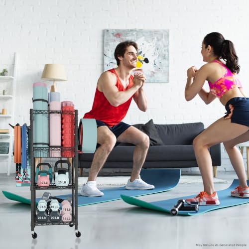FUTASSI Home Gym Storage, 3 Tiers Workout Equipment Organizer with Wheels for Yoga Mats, Foam Roller, Dumbbells, Kettlebells, and Resistance Bands - Image 6