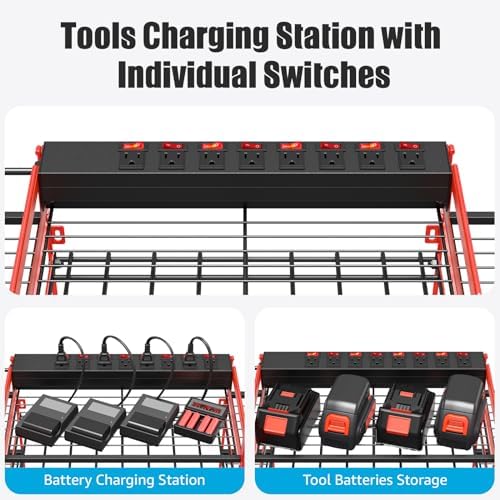 CCCEI Red Power Tool Organizer Wall Mount, Large Tools and Battery Storage Rack Charging Station Individual Switches. Drills Holder, Garage Utility Shelves with 6FT Power Strip. Gift for Men. - Image 2