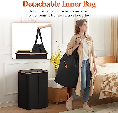 Lifewit 150L Double Laundry Hamper with Lid and Removable Bag, Black - Image 4