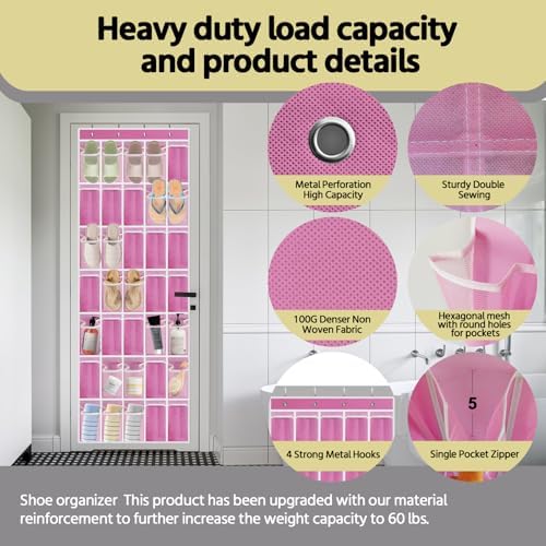 PAULONE 35 Pocket Over the Door Shoe Organizer,Reusable Breathable Large Mesh Bag Men's & Women's Sneaker Organizer,Shoe Organizer for Kids,Hanging Shoe Storage Hanging Bag (Pink) - Image 2