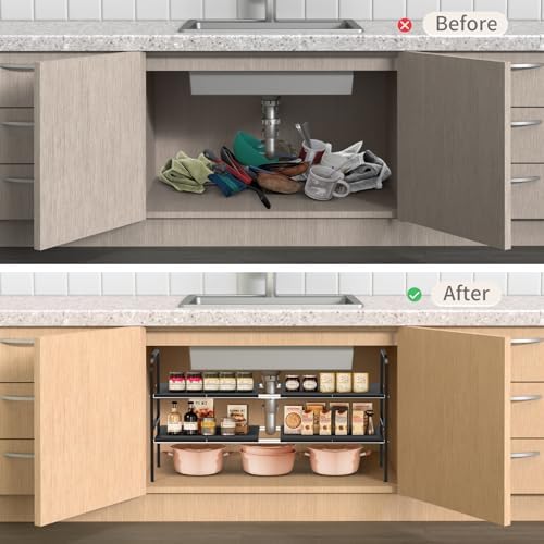 Expandable 2-Tier Under Sink Organizer, 8 Removable Plastic Boards, Tool-Free Installation (Black, 2-Tier 8 Boards) - Image 4