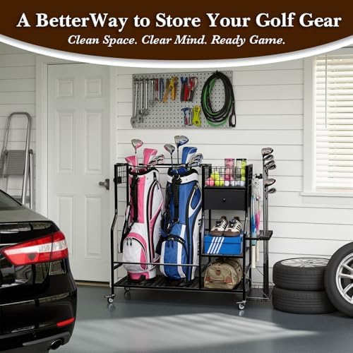 Faesun Golf Bag Organizer for Garage, Golf Bag Storage Rack with 6 Club Slots, Golf Club Organizer with Fabric Drawer & Wheels, Golf Storage Organizer Holds 2 Bags, Golf Rack Storage System - Image 6