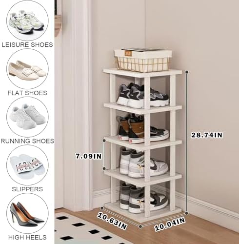 SAN HE Bamboo Shoe Rack 5Tier- Vertical White Shoe Rack for Small Spaces, Tall Narrow Shoe Rack Organizer for Closet Entryway Corner Garage and Bedroom,Skinny Shoe Shelf with Free Stackable DIY - Image 2