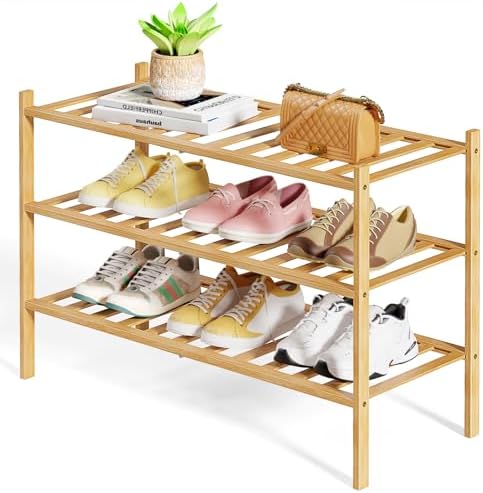 Kitsure Bamboo Wooden Shoe Rack for Closet, 26.8" Wide - 3 Tiers, Natural by Kitsure
