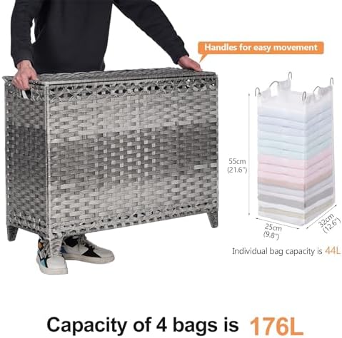 Laundry Hamper with 4 Removable Liner Bags, 176L Laundry Sorter with Lid - Image 4