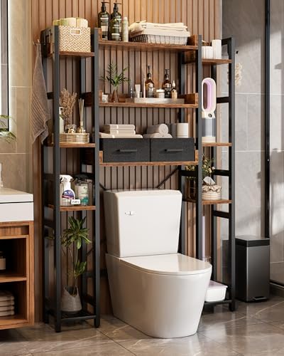 Besiost Over The Toilet Storage, 11 Tier Bathroom Organizer with Dual Side Racks and 2 Fabric Drawers, Adjustable Freestanding Rack Space Saver for Small Spaces, Rustic Brown - Image 5