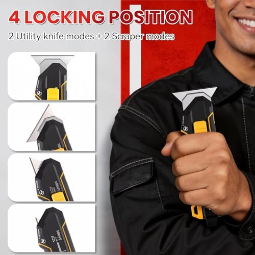 PINOZE Utility Knife Scraper, 3-in-1 Retractable Box Cutter with Lanyard & Blade Storage, Heavy Duty Zinc Alloy Multi-functional Knife with 10pcs SK2 Blades, EDC Tool for Home, Office, DIY - Image 2