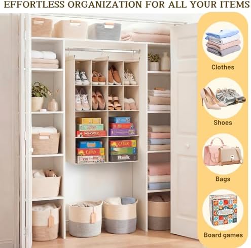 4 Tier Hanging Closet Organizer, 12 Compartments Dual Row Storage, Beige | Closet Organizers and Storage with Large & Small Cubbies, 3 Sturdy Hooks Support Heavy Loads, for Dorm, RV, Garment Rack - Image 6