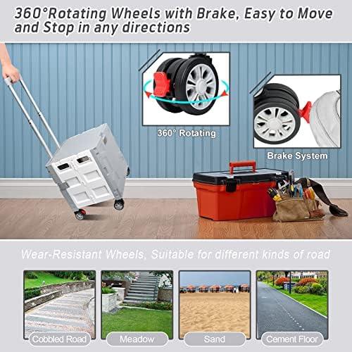 FELICON Folding Utility Cart Rolling Crate Handcart Basket Tote-Gray+White - Image 5