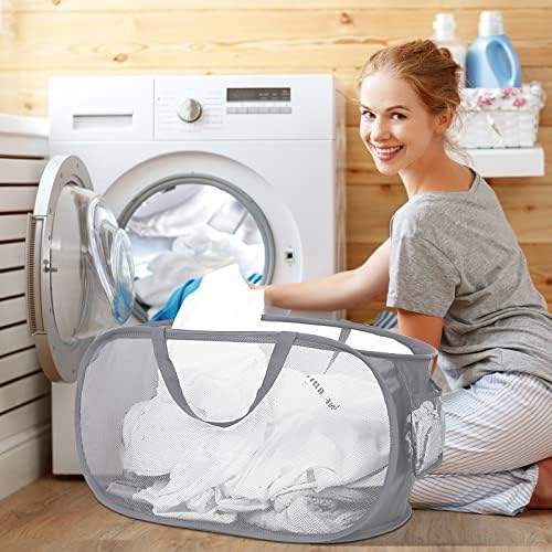 Durable Collapsible Laundry Baskets, Mesh Pop Up Laundry Hamper with Side Pocket, Foldable Clothes Hamper with Reinforced Carry Handles for Laundry, Bathroom, Kids Room, Dorm or Travel 2 Pack Grey - Image 2