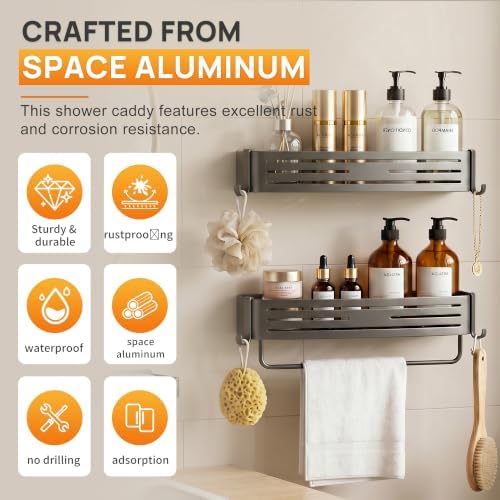 Gun Grey Adhesive Square Shower Caddy with Towel Bar, Soap Dish and Hooks - Image 3