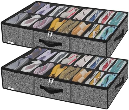 Onlyeasy Sturdy Under Bed Shoe Storage Solution Organizer For Closet Fit 16x2 Pairs, Underbed Shoes Container Bags with Reinforced Handles, Breathable, Linen-like Black, MXAUBS16P2 by Onlyeasy