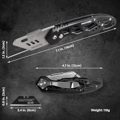 HAUTMEC Heavy Duty Folding Utility Knife, Aluminum Box Cutter with 11PCS SK2H Blades, EDC Safety Work Knife with Belt Clip & Carabiner for Fast-Cutting Tasks, HTUCH25002 - Image 3