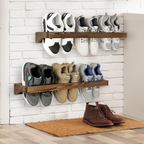 MyGift 30 Inch Rustic Burnt Wood Wall Shoe Rack Set of 4 Holds 12 Pairs - Image 4