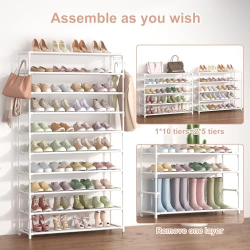 LANTEFUL 10 Tiers Shoe Rack 50 Pairs Large Capacity Tall Shoe Organizer Sturdy Shoe Storage with Two Hooks Space Saving Metal Wide Shoe Rack for Closet, Entryway, Bedroom, White - Image 5