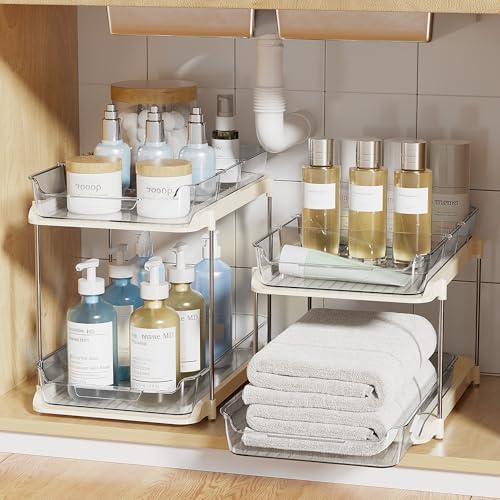 Delamu 2-Tier Multi-Purpose Bathroom Under Sink Organizers and Storage, Stackable Kitchen Pantry Organization, Pull Out Medicine Cabinet Organizer with Movable Dividers, Beige, 2 Pack - Image 7