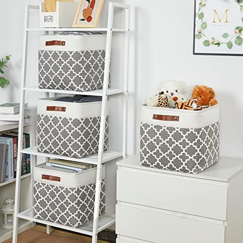 Temary 13ﾗ13ﾗ13 Foldable Storage Cube Baskets Fabric Cube Storage Basket for Organizing Cloth Storage Bins with Leather Handles for Gifts Empty, Closet (Grey Lattice) - Image 5