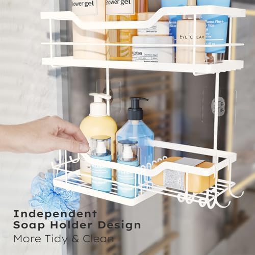 Consumest Over Door Shower Caddy - 2 Tier Shower Shelves Hanging with Soap Holders, Large Capacity Shower Organizer with 4 Hooks, Bathroom Rack and Storage, White - Image 7