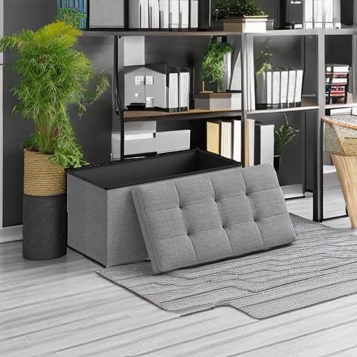 SONGMICS 30 Inches Folding Storage Ottoman Bench, Load 660 lb | Ottoman Foot Rest, Storage Chest, for Living Room, Entryway, Dove Gray and Ink Black, MINOTA Collection ULSF47G - Image 2
