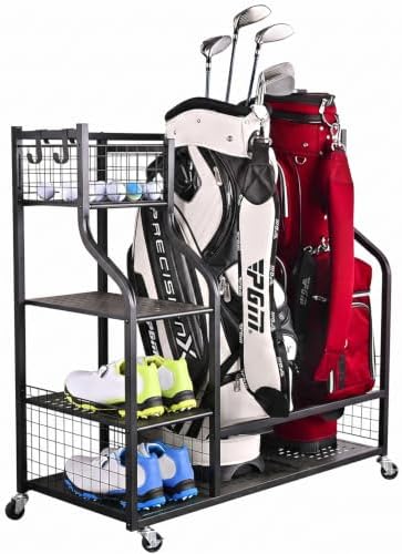 SNAIL Golf Bag Garage Storage Organizer Extra Large Size Golf Bag Rack Stand Holder Fits 2 Golf Bags and Other Golfing Equipment Accessories, Metal Black Golf Club Storage for Garage Shed and Basement by SNAIL