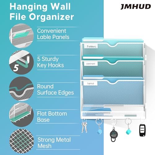 4-Tier Wall File Organizer and Mail Organizer with 5 Hooks, White - Image 3