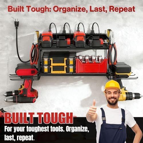Garage Tool Organizer with Charging Station & Power Strip - 4 Drill Holder Wall Mount Rack, Heavy Duty Metal Shelf for Workshop Organization - Image 3