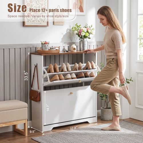 Nicetree Shoe Cabinet, 2 Flip Drawers Slim White Walnut Top Entry Storage - Image 2