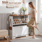 Nicetree Shoe Cabinet, 2 Flip Drawers Slim White Walnut Top Entry Storage - Image 2