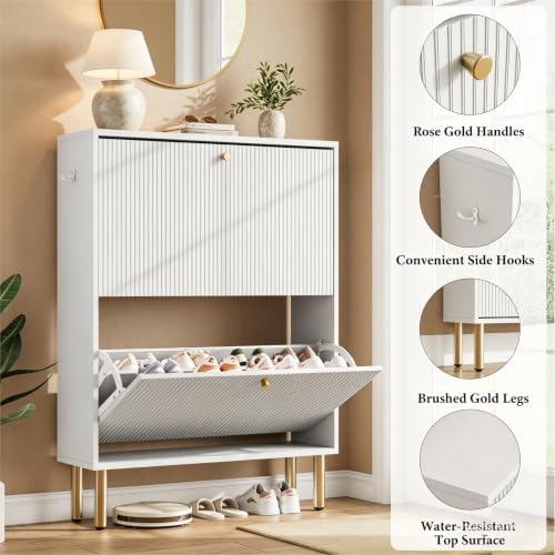 Nicetree Shoe Storage Cabinet for Entryway - 2 Flip Drawers Shoe Cabinet with Tiered Fluted Design - Slim Shoe Storage Rack with Gold Legs - Narrow Shoe Cabinet Hidden Shoe Organizer for Small Spaces - Image 4