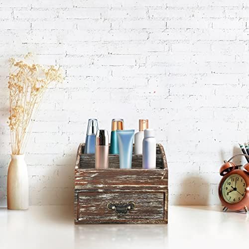 Office Desk Organizer with Drawers & Dark Brown Vintage Wood Desktop Storage Caddy 2pcs/set Workspace Supplies Farmhouse Mail Countertop Organizer Makeup Storage Box for Home Decor Supplies Vanity…… - Image 2