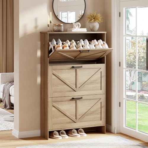 Nicetree Shoe Cabinet for Entryway, 3 Flip Drawers Shoe Storage Cabinet with 3-Tier Adjustable Shelves, Ultra Slim Freestanding Hidden Shoe Organizer with Barn Door Design, Caramel Brown by Nicetree