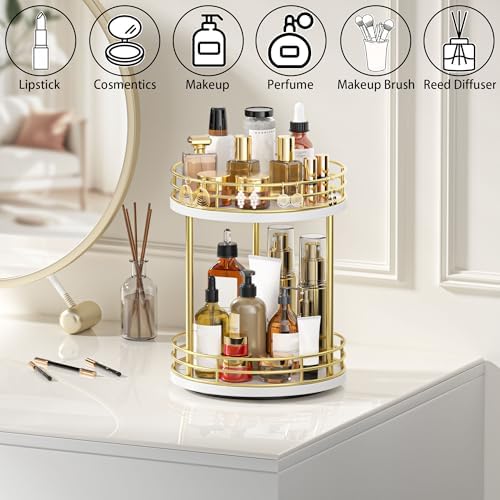 2-Tier Rotating Bathroom Countertop Organizer, Wooden Makeup Vanity Storage, Multifunctional Lazy Susan Turntable for Skincare, Perfume and Cosmetics (White-Gold) - Image 2