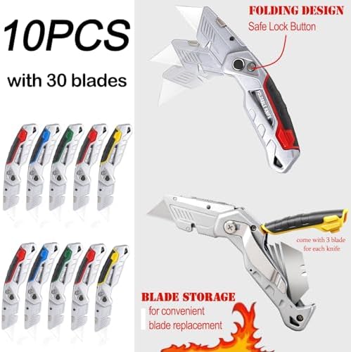 10-Pack Heavy Duty Folding Box Cutter with Blade Storage (Entirety Metal) - Image 2