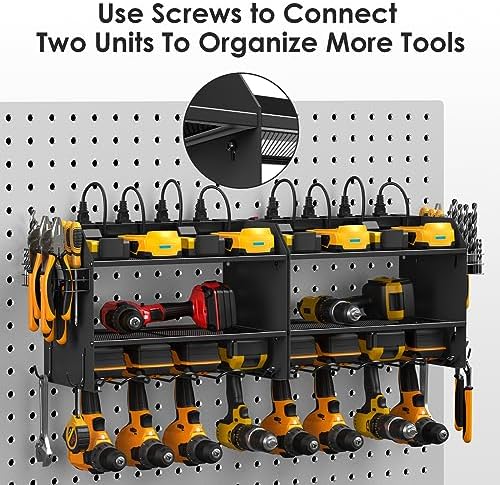 CCCEI Modular Power Tool Organizer Wall Mount Charging Station, Black 6 Drills Holder with 8 Plug Power Strip, Garage Drill Battery Heavy Duty Metal Shelf, Utility Rack with Hooks, Side Storage. - Image 7