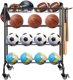 Basketball Racks Holder for Balls with Wheels, Rolling Metal Sports Equipment Storage Stand Organizer with Baskets and Hooks for Basketballs Footballs Volleyball, Black by Artibear