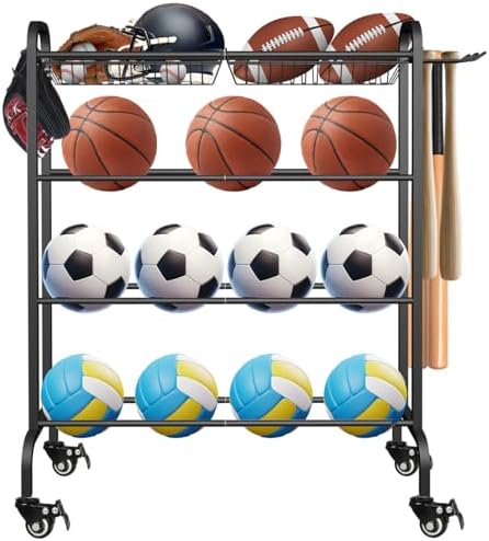 Basketball Racks Holder for Balls with Wheels, Rolling Metal Sports Equipment Storage Stand Organizer with Baskets and Hooks for Basketballs Footballs Volleyball, Black by Artibear