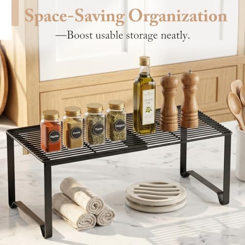 Extendable Metal Wire Shelf Organizer - Adjustable 15-24.4in Length, Stackable Storage Rack for Kitchen/Pantry/Bathroom/Shoe Cabinet/Tool Closet (4,Black) - Image 5