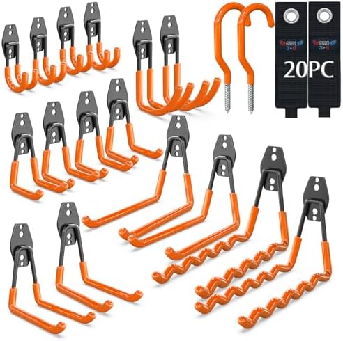 3-H Heavy Duty Garage Wall Hooks 20 Pack, Anti-Slip PVC Coating Wall Mount Garage Storage Utility Hooks, Heavy Load Organizer for Ladders, Yard Tools, Shovel, Weed Eater, Hoses & Bulk Items,Orange by 3-H