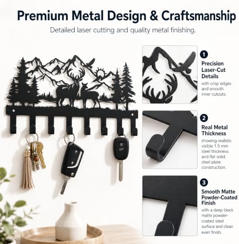 Deer Metal Key Holder for Wall, 14.5" X 8.9", Key Hooks for Wall Organizer, Key Rack, Forest Theme Coat Hat Towel Hooks, Ideal for Living Roo - Image 6