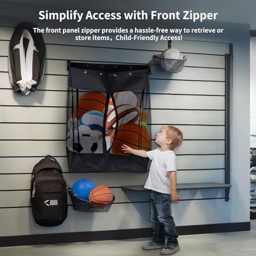 Slatwall Baskets,Hanging Slatwall Accessories with Take and Go Design,(26 * 18 * 11'') Large Mesh Slatwall Organizer with Easy Access Zipper Adjustable Shoulder Strap for Home Sport Garage Storage - Image 4