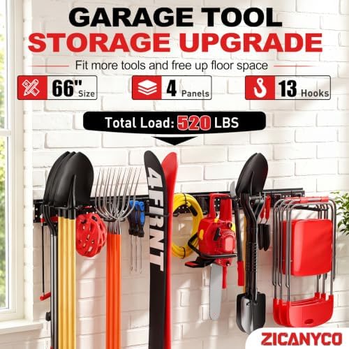 Garage Tool Organizer Wall Mount 66 inches with 13 Adjustable Heavy-Duty Hooks, Garage Organization, Garden Tool Storage Rack, Yard, and Shed, Holds Up to 520 lbs - Image 2