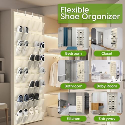 Over the Door Shoe Organizer with 40 Large Breathable Mesh Pockets, Space Saving Shoe Holder, Hanging Shoe Rack for Entryway Bedroom Closet Storage (Beige, 40 Pockets) - Image 3