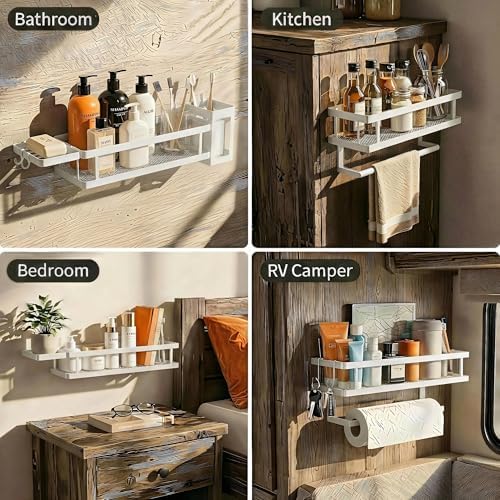 PUSDON 5-in-1 Shower Caddy & Kitchen Organizer Set, Wall Mount Wide Spice Rack with Paper Towel Holder, Utensil Holder, Soap Dish, Rustproof Mesh Baskets Hold 50LBS - Silver Gray, Guardrail - Image 4