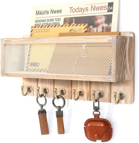 Rebee Vision Key Holder Wall Mount with Mail Basket for Home, Natural Wood by REBEEVISION
