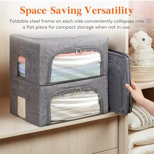 Lifewit Clothes Storage Bins with Metal Frame, Stackable Storage Box, Foldable Clothing Storage Bins with Lids, 25L Storage Bags Fabric Box Organizer with Clear Window＆ Zippers＆ Sturdy Handles 4 Pack - Image 6