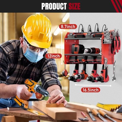Modular Power Tool Organizer Wall Mount with Charging Station, 3-Layer Heavy Duty Drill Holder Rack & 8-Outlet Power Strip for Garage Workshop Storage - Image 2